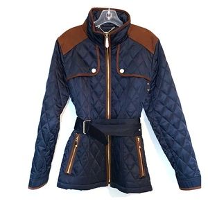Vince Camuto Navy and Brown Suede Puffer Coat